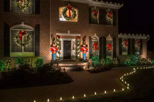 Exterior Holiday Decorations, Nutcrackers, Wreaths, lights